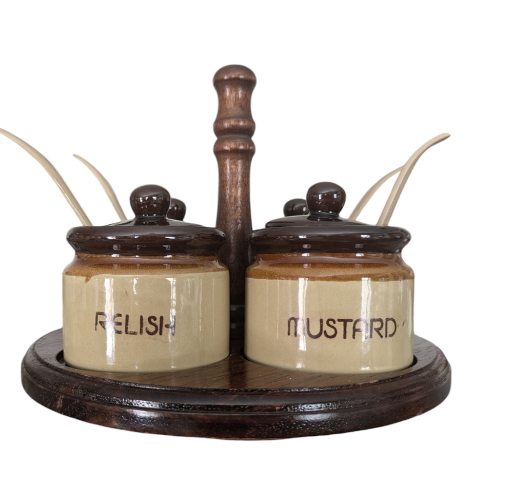 Vintage Stoneware Glazed Condiment Set Mustard Sauce Relish Ketchup Lazy Susan